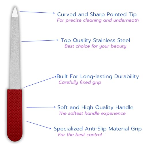 Professional Sapphire Nail File Ruby Red, 5" Stainless Steel, Double-Sided Metal File, Ergonomic Non-Slip Handle, for Natural, Gel, Acrylic Nails, Manicure & Pedicure Tool