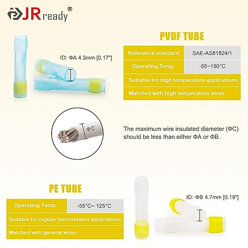 JRready ST6385-12-10 Yellow Heat-Shrink Crimp Butt Splice 16-12 AWG (M81824/1-3 Equivalent), Solderless Connector with Alternative Temp. Heat Shrinkable PVDF(-55~150°C) and PE(-55~125°C) Tube - color: 12#Yellow-10Sets