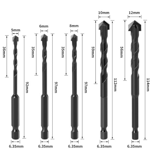 3/16" to 1/2" Hex Shank Masonry Drill Bits Set 5PCS