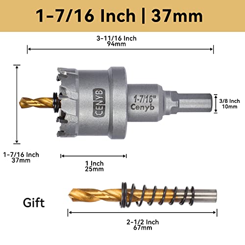 1-7/16" (37mm) Tungsten Carbide Tipped Hole Saw with 2Pcs Titanium-Plated Pilot Drill Bits for Hard Metal,Stainless Steel,Iron,Aluminum Alloy,Wood and Plastic - size: 37mm | 1-7/16"