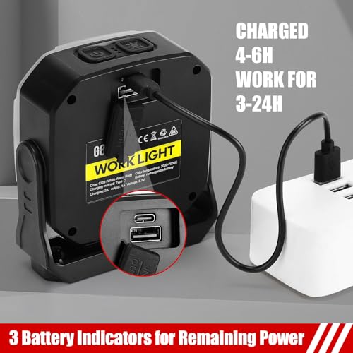 SUNPRO Magnetic Job Site Light Rechargeable FloodLight with Hook(1, Grey) | Portable Work Light with 270° Rotating Stand Stepless Dimmable Flashlight for Home Hurricane Camping Car Repaire Emergency