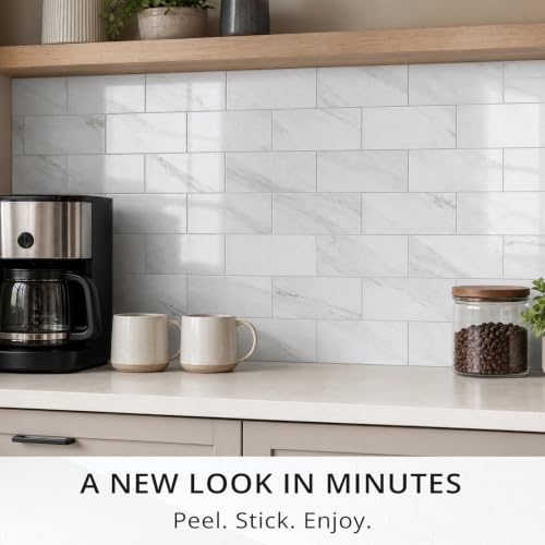 StyloVue 100 Pieces Peel and Stick Backsplash for Kitchen, 3" x 6" PVC Subway Tile, 2026 Upgraded Sparkle White Marble, Stick on Wall Tile for Kitchen, Bathroom, Fireplace, RV - color: Sparkle White Marble