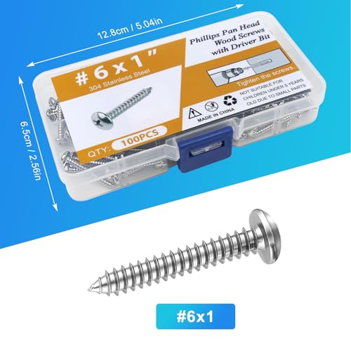 100PCS #6 x 1 Wood Screws, Pan Head Stainless Steel Sheet Metal Screws, Fast Self Tapping Screws for Deck Drywall Concrete Screws with Screwdriver Bit - style: Silver #6X1" Pan Head 100PCS