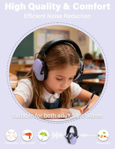 Kids Noise Canceling Earmuffs, 25-30dB Noise Reduction Ear Protection, Adjustable Headband Concert Fireworks, Autism - color: Purple