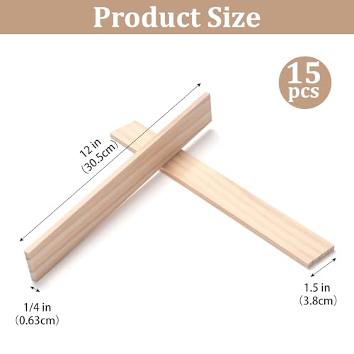 Wood Trim Strips Slats for Crafts, Square Wooden Dowels Wooden Sticks for Crafts, 1/4" × 1.5" × 12", 15 PCS Wood Dowel Rods, Unfinished Hardwood Sticks Flat Lumber Boards for Woodworking - size: 1/4x1.5x12 in - 15PCS