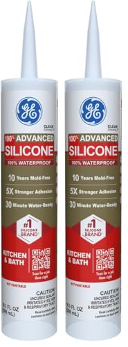 GE Advanced Silicone Caulk for Kitchen & Bathroom, Clear, 10 fl oz Cartridge, 2 Pack - 100% Waterproof Silicone Sealant, 5X Stronger Adhesion, Shrink & Crack Proof - size: Pack of 2, style: Clear