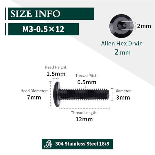 M3-0.5 x 12mm (100 pcs) Black Hex Socket Head Cap Screws, 304 Stainless Steel 18/8, Furniture Bolts, Connector Screws for Furniture, Black Oxide Finish, Full Thread, Hex Spanner Wrench Included - size: M3-0.5 x 12mm