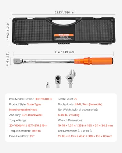 VEVOR Adjustable Torque Wrench 1/2 Inch Drive, 20-160Ft.lb/27.1-216.8Nm, 38MM Open End, 3/8 Inch Drive Torque Wrench with Interchangeable Jaw & Ratchet Head for HVAC, Car, Moto, Narrow Pipeline - size: 1/2" 2 PCS
