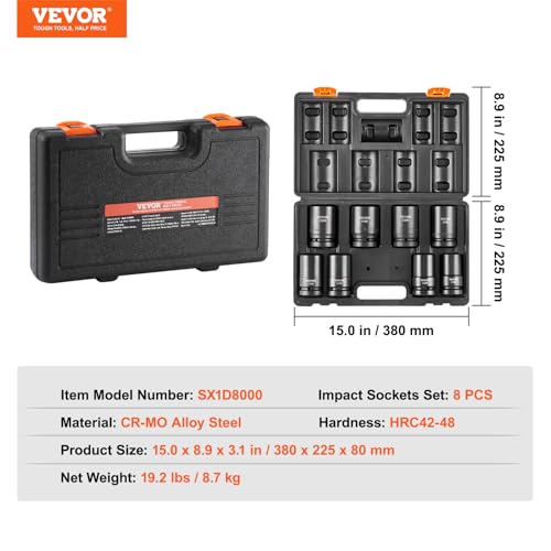 VEVOR 1" Drive Impact Socket Set, 8 Piece Deep Socket Set Metric 27-41mm, 6 Point Cr-Mo Alloy Steel for Auto Repair, Easy-to-Read Size Markings, Rugged Construction, Includes Storage Case - size: 1" 8 PCS CR-MO