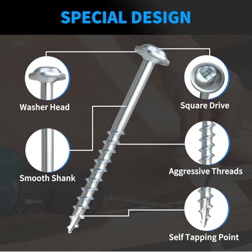 Pocket Hole Screws #8 x 1-1/4 Inch, 600PCS, FIXLINK Interior Pocket Screws | Galvanized, Rust Resistant, Coarse Thread, Square Drive, Washer Head, Zinc Plated, Self Tapping, 150MM Drive Bit Included - size: #8 X 1-1/4"
