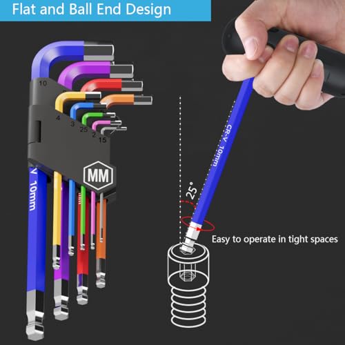 9PCS Allen Wrench Set 1.5-10mm Long Ball End Hex Key Set Cr-V Metric Allen Key Hexagonal Assortment - size: 9PCS Allen Wrench Set