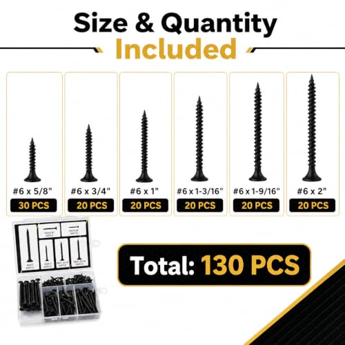 Drywall Screw Assortment Kit, 130PCS 6 Sizes, Self-Tapping Bugle Head, Black Oxide Coated