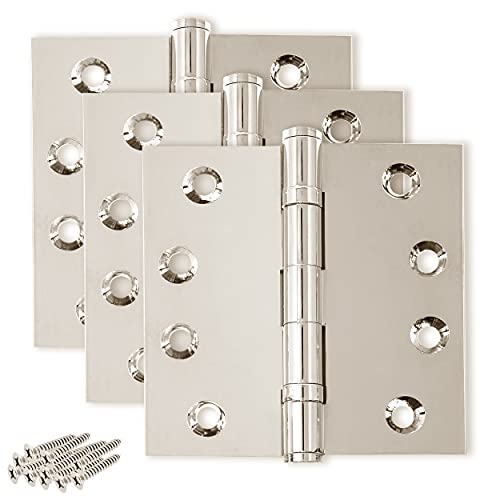 Solid Brass Door Hinge Heavy Duty Ball Bearing Shiny Silver 4x4 Inch - Set of 3 Hinges (Polished Nickel) - color: Polished Nickel