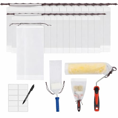 24 Pcs Paint Brush Covers & Roller Covers,Clear Plastic Paint Poncho Wet Brush Storage Bags,Keep Paint Roller Wet Saver with Drawstring,3Sizes,Includes Label Stickers & Marker,House Painting Supplies