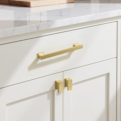 KNOBWELL 6 Pack Brushed Gold Solid Cabinet Pulls 6-3/10 Inch(160mm) Hole Center Kitchen Cabinet Handles,Cabinet Hardware for Cupboard Drawer Pulls - color: Brushed Gold, size: Hole Center：6-3/10 inch（160mm）
