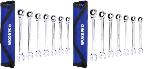 WORKPRO 7-Piece Ratcheting Combination Wrench Set, 72 Teeth, Cr-V Constructed, Combo Ratchet Wrenches Set with Roll Up Pouch, Metric 8mm-17mm (Pack of 2) - size: Metric (Pack of 2)