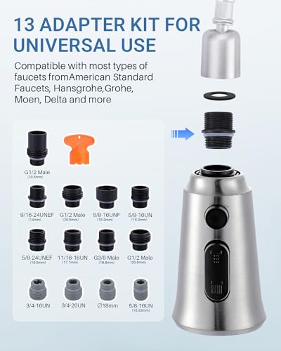 WOWOW Kitchen Faucet Head Replacement – 304 Stainless Steel 3-Mode Pull Down Spray Head with 13 Adapters, Compatible with Moen Delta Kohler American Standard, Easy DIY Install, Brushed Nickel - color: Brushed Nickel