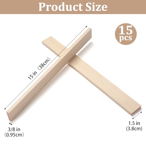 Wood Strips Trim Slats for Crafts, Square Wooden Dowels Wooden Sticks for Crafts, 3/8" × 1.5" × 15", 15 PCS Wood Dowel Rods, Unfinished Hardwood Sticks Flat Lumber Boards for Woodworking - size: 3/8x1.5x15 in - 15PCS