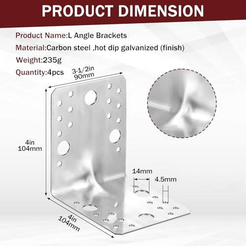 Shimeyao 4 Pcs 4x4 Steel L Brackets 1.7mm Angle Bracket 90 Degree, Silver - color: Silver