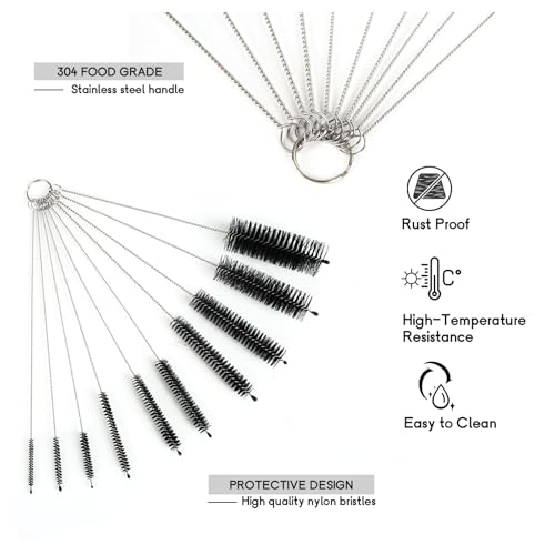 12 Pack Glass Tube Pipe Cleaner Brush Set, 17Inch Long Handle Nylon Brush | For Neck Bottle, 8.2 Inch Various Diameter Tube Straw Brush with Hook, 35 Inch Flexible Double Ended Hose Brush