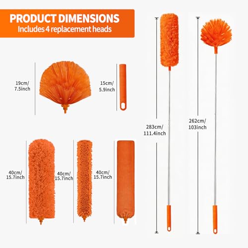 Cobweb Duster with Extension Pole,Cleaner Outdoor 110" Telescoping Extended Sspider Brush, Dusting Kit,Long Handle Reach for High Ceilings and Fans,Microfiber Webster Remover Tools Feather Dusters - color: Orange