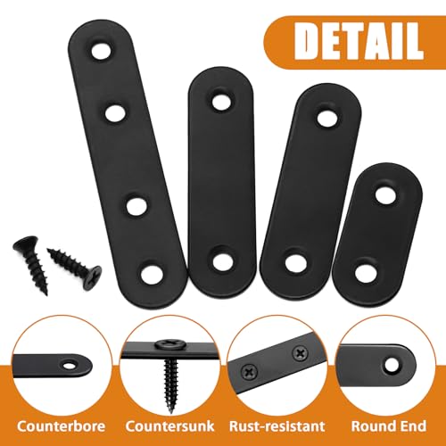 mankk 86PCS Black Straight Flat Metal Bracket Mending Plates Stainless Steel Flat Brace Brackets Fixed Connecting Plate for Wood Repair Fixing - color: Black