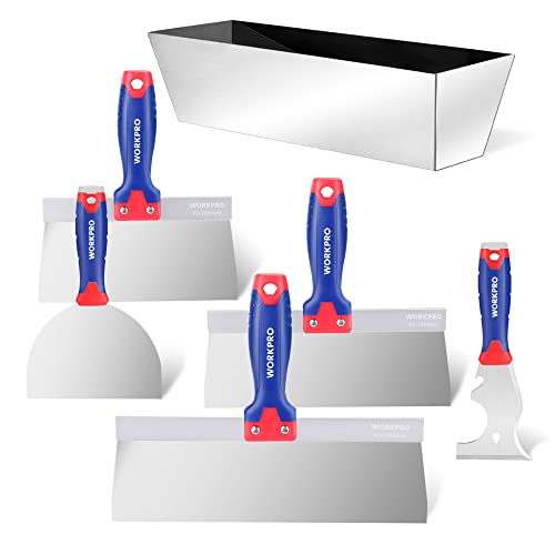 WORKPRO Drywall Tools, Stainless Steel Taping Knife 8 in 1 Painting Scraper with Mud Pan, Spackle Knife Set for Drywall Repairing, Paint Scraping and Wallpaper Removing