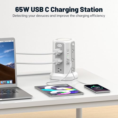 PASSUS PD 65W USB C Fast Desktop Charging Station Tower Power Strip - color: Gray White-4C1A