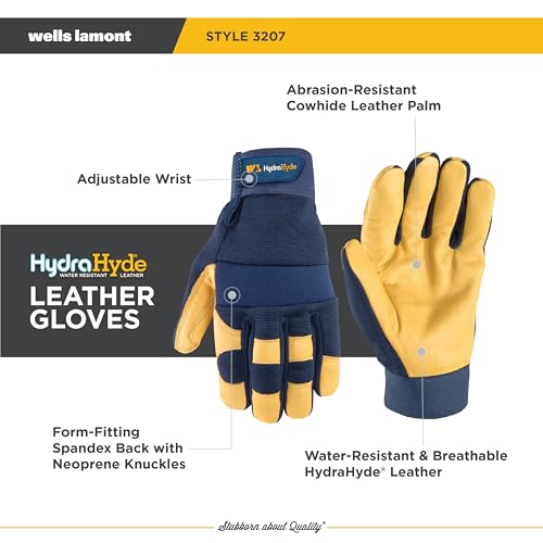 Wells Lamont Men's Leather Palm Work Gloves – HydraHyde Water-Resistant Leather, Flexible Spandex Back, Adjustable Closure - color: Blue, size: X-Large