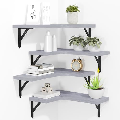ROMGUAR CRAFT Corner Floating Shelves Wall Mounted Set of 4, Light Grey - color: Light Grey