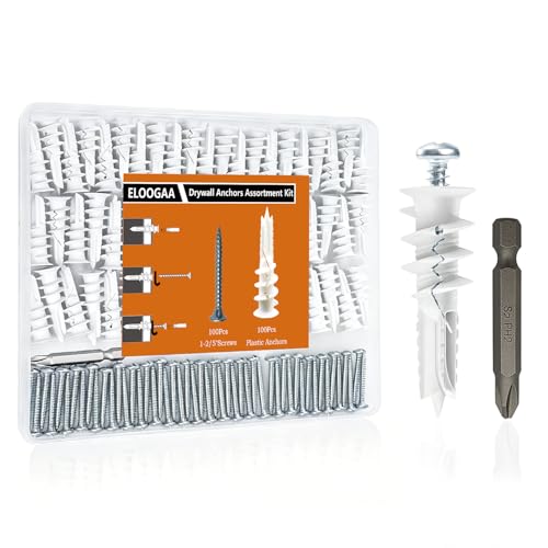 200Pcs Drywall Anchors and Screws Kit, 100Pcs Self-Drilling Plastic Wall Anchors with 100Pcs #8 Phillips Screws & PH2 Bit, Heavy Duty Anchors for Hanging Pictures, Shelves, Home Mounting - size: 1.38 Inch