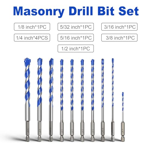 10 Pack 1/8 to 1/2 inch Concrete Drill Bit Set,Masonry Drill Bit Set - style: 1/8" - 1/2"（10 Pcs）