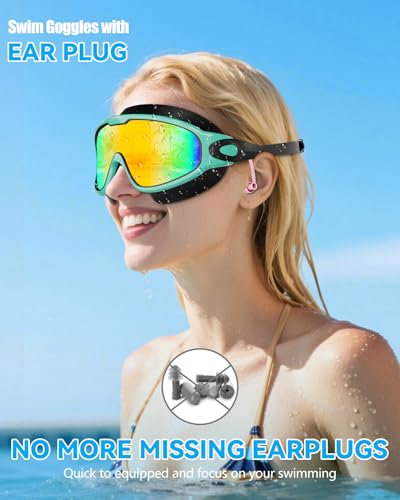Aegend New Adult Wide View Swim Goggles, Anti-Fog/UV No Leak Swimming Goggles with Ear Plugs for Men & Women - color: Blue Bright Rose & Green Aqua
