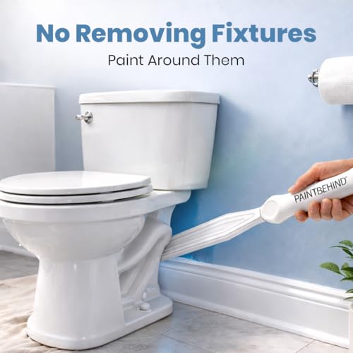PAINT BEHIND Toilet Tool Nylon Brush, Flat Paint Brush for Behind Toilets, Walls, Radiators & Hard-to-Reach Tight Spaces, 12-Inch Reach Painting Tool with Tray & Pad