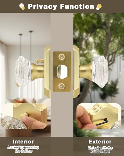 Gobrico Privacy Door Lock Sets Crystal Knobs Heavy Duty Door Hardware,Keyless Bath/Bed Door Knobset with Lock Inside,Push Pin Button,Satin Brass/Gold Arched Rosette,5 Pack - color: Satin Brass
