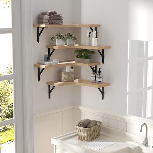 ROMGUAR CRAFT Corner Floating Shelves Wall Mounted Set of 4, Natural - color: Natural