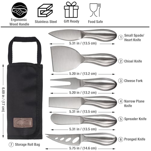 6-Piece Cheese Knife Set, Premium Stainless Steel, Storage Bag - color: Metal Silver