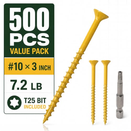 500 Pcs Exterior Deck Screws #10×3 inch, 7.2lb Wood Screws with Yellow Ceramic Coating, Premium Outdoor Rust Resistant Self Taping Screws,T25 Drive Bit includs. - size: #10×3inch