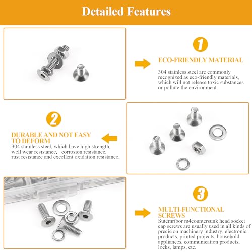 385 Pieces M4 Screws Nuts Washers Set, Sutemribor M4 x 5/6/8/10/12/16/20mm Countersunk Head Socket Cap Screws Nuts Washers Assortment Kit, 304 Stainless Steel, Fully Threaded - size: M4, style: Countersunk Head Socket Cap