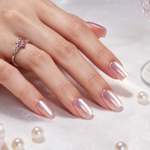 Beetles Pearl Chrome Press On Nails, Purple Cat Eye Short Square, 30 PCS - color: 4A - Pearl Punk - S