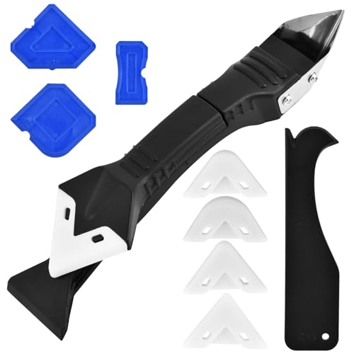 10 Pcs Silicone Caulking Tool, 3 in 1 Caulk Remover Tool | Grout Removal Tool with Replaceable Pad Glass Glue Angle Scraper, Sealant Finishing Tool for Kitchen Bathroom Tile Sink Joint