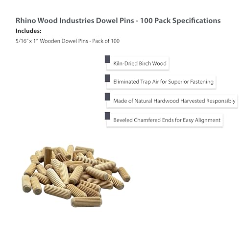 5/16" x 1" - 100 Pack Wooden Dowel Pins - Kiln Dried, Fluted, and Beveled (5/16" x 1", 100pk) - size: 5/16" x 1"