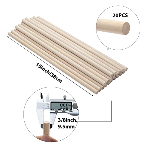 Wooden Dowels Round Wood Dowel Rods 3/8 x 15 Inch, 20PCS Macrame Dowel Wooden Sticks for Crafts, Unfinished Hardwood Sticks for Arts and DIYers, Crafting, Tiered Cake Support and Wedding Ribbon Wands - size: 3/8"×15"-20PCS