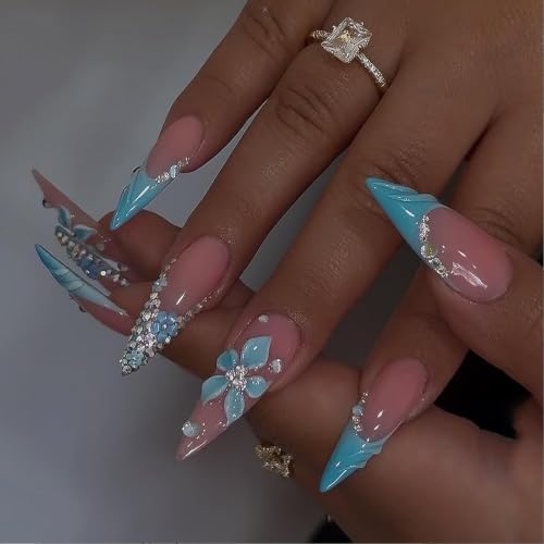 MAGLFELL Handmade Press on Nails, Long Length Stiletto False nails, French Blue 3D Floral Fake nails with Water Droplet, 10 Pcs Reusable Stick On Nails Thick Acrylic ABS for Women (Size L) - color: Blue Flower, size: L