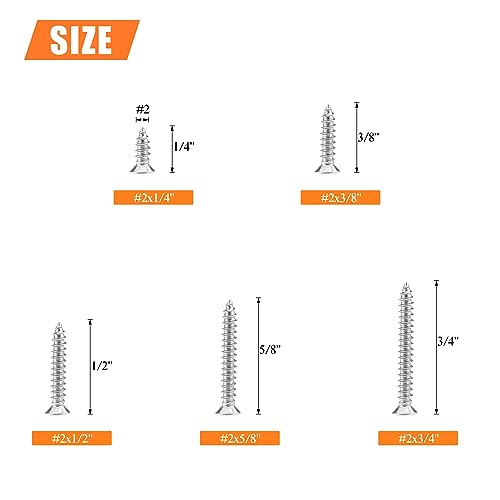 #2 x 1/4" 3/8" 1/2" 5/8" 3/4" Wood Screws Set, HELIFOUNER 240 Pieces Phillips Countersunk Head Self-Tapping Screws Assortment Kit, Phillips Flat Head Wood Screws, 304 Stainless Steel - size: #2