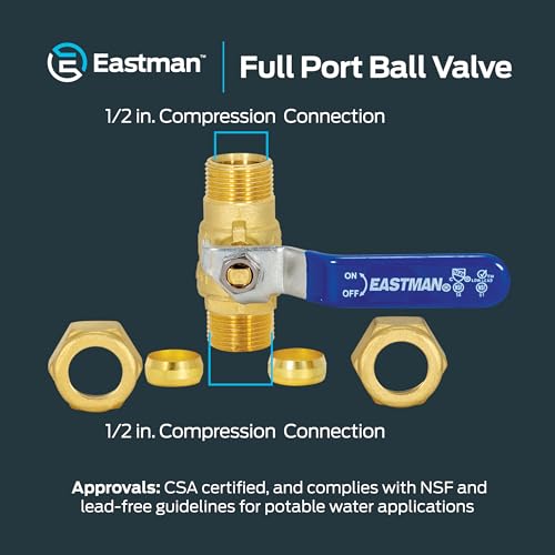 Eastman 1/2 Inch Compression Heavy Duty Full Port Ball Valve, Brass Plumbing Fitting, 20096LF - size: 1/2 in.