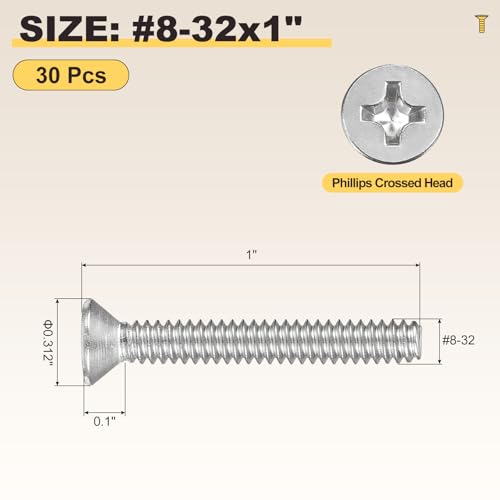 METALLIXITY #8-32x1 Phillips Flat Head Bolts 304 Silver 30Pcs - color: Silver, size: #8-32x1"