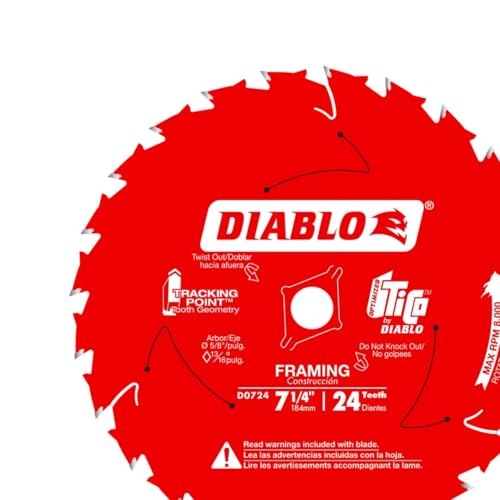 Diablo Framing Saw Blade for Wood - 7-1/4" Diameter, 24 ATB Teeth, 5/8" Arbor, .059" Kerf, 15° Hook Angle, .040" Plate, 8000 Max RPM - D0724X - size: 7-1/4" Dia x 24T x 5/8" Arbor, style: Framing