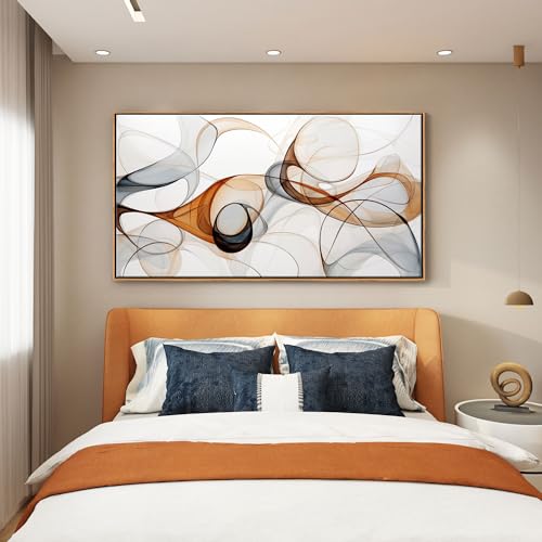 KLAKLA Modern Abstract Gray and Brown Designs - Colorful Curves and Translucent Medium - Frame Wall for Living Room Office Wall Decor Picture Artwork for walls - color: White + Orange Frame, size: 58"L x 29"W