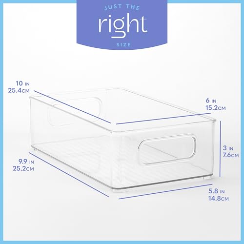 Plastic Food Storage 6 Pack Clear Container Bin with Handles for Organizing Kitchen, Pantry, Refrigerator, Freezer, Pantry, Cabinet, Closet, Bathroom. Stackable 10”x6”x3” - size: 10x6x3